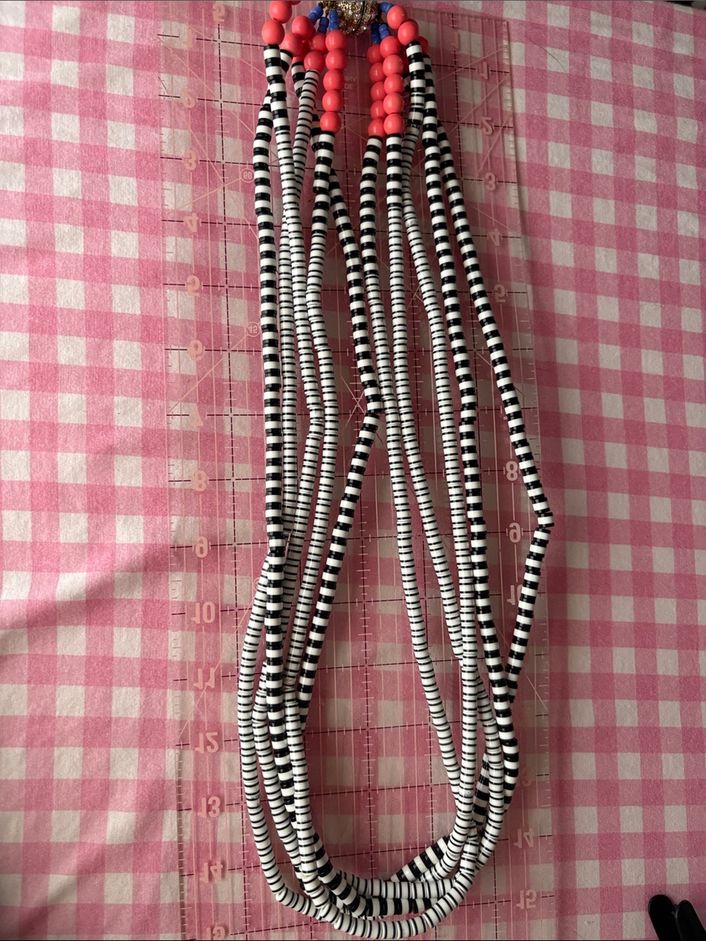 Black & White Striped Multi-Strand Beaded Necklace with Coral Accent